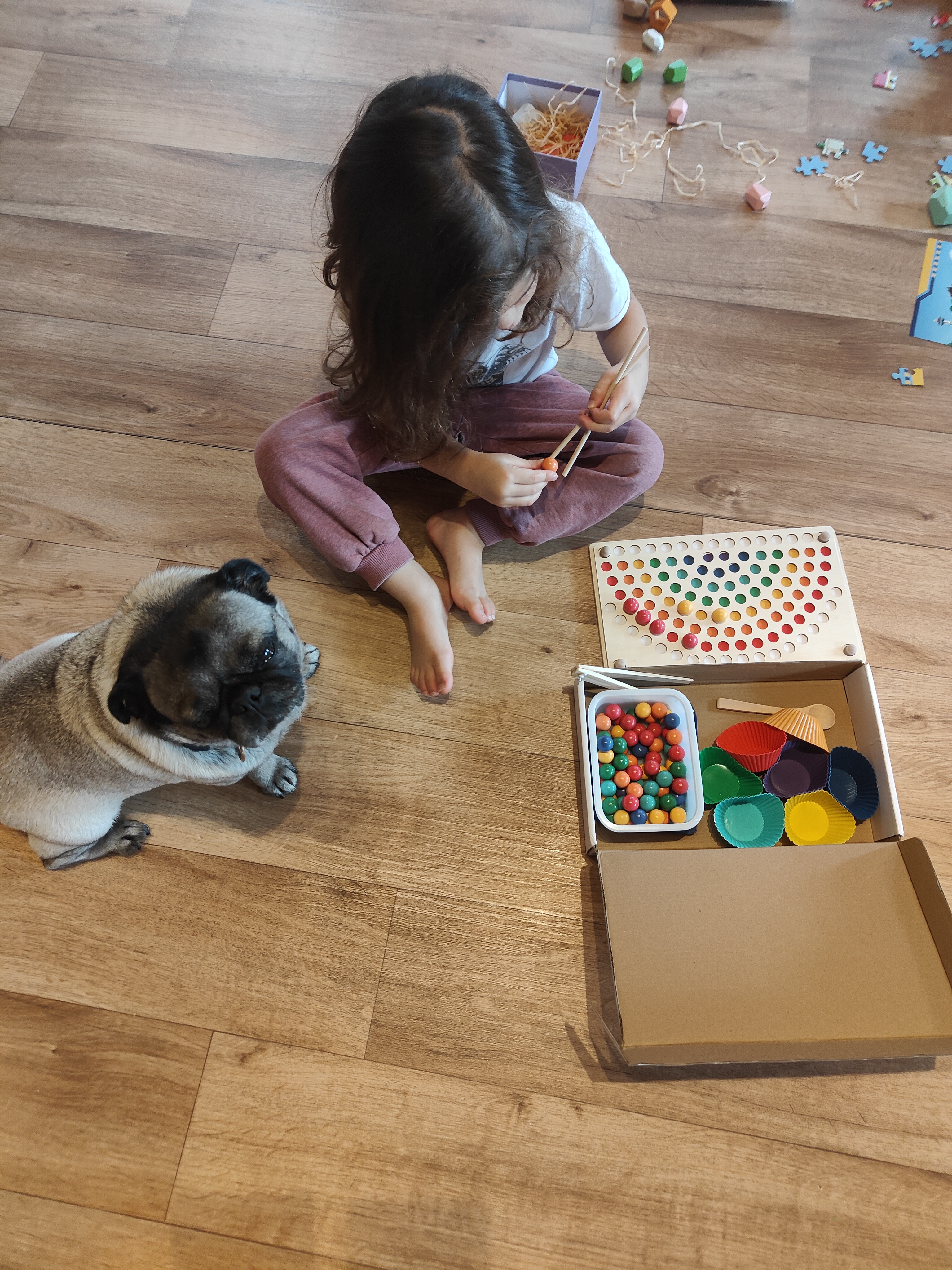 Child playing with educational toys in a warm home environment